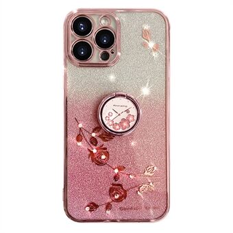 Cellphone Guard TPU-fodral för iPhone 13 Pro 6,1 tum, Ring Kickstand Blommönster Glitter Bakstycke