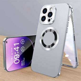 För iPhone 13 Pro Magnetiskt Fodral Akryl+Härdat Glas Spännlås Klarsidad Logovy Telefonfodral