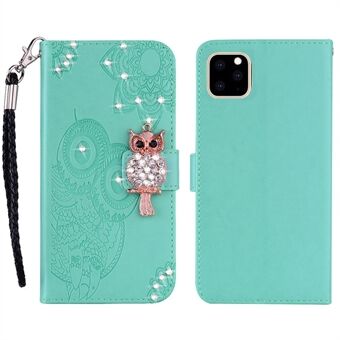 Imprinted Owl Shiny Rhinestone Läder Telefonfodral Plånboksfodral med rem för iPhone 13 mini 