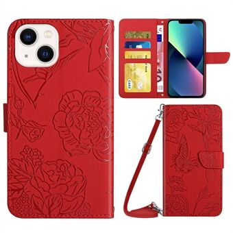 For iPhone 13 mini  PU Leather Skin-friendly Flip Wallet Phone Case Viewing Stand Butterfly Flower Pattern Imprinted Protective Cover with Shoulder Strap