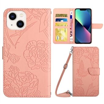 For iPhone 13 mini  PU Leather Skin-friendly Flip Wallet Phone Case Viewing Stand Butterfly Flower Pattern Imprinted Protective Cover with Shoulder Strap