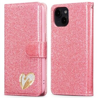 För iPhone 13 mini Glitter Läderefodral med Diamantkärlekshjärta Plånboksställ Flipfodral