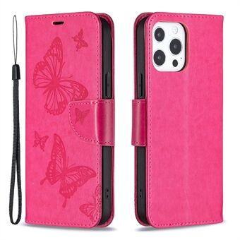 Imprint Butterfly Wallet PU Läder Magnetisk stängning Stand Flip Cover med rem för iPhone 13 Pro Max 