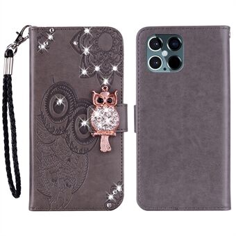 Rhinestone Decor Imprinted Owl Mönster Läderfodral Skal med Stand för iPhone 13 Pro Max 