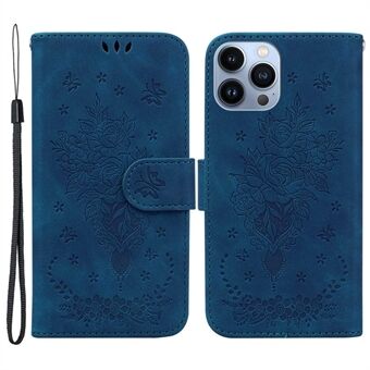 For iPhone 13 Pro Max  Imprinting Roses Butterflies Pattern Anti-scratch Leather Phone Case with Strap Impact-resistant Wallet Stand Cover