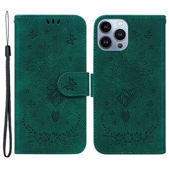 For iPhone 13 Pro Max  Imprinting Roses Butterflies Pattern Anti-scratch Leather Phone Case with Strap Impact-resistant Wallet Stand Cover