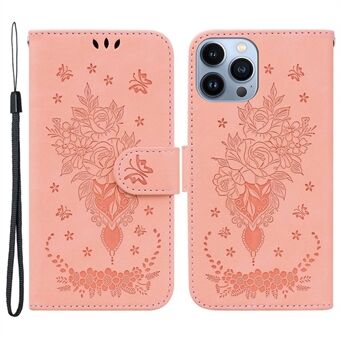 For iPhone 13 Pro Max  Imprinting Roses Butterflies Pattern Anti-scratch Leather Phone Case with Strap Impact-resistant Wallet Stand Cover