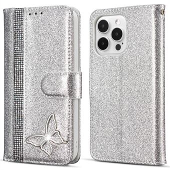 För iPhone 13 Pro Max Glitter Läderfodral med Metall Diamant Plånbok Ställ Stöd Skydd