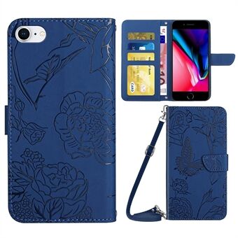 For iPhone 7 / iPhone 8 / iPhone SE 2020/2022, Butterflies Flower Imprinted Stand Leather Case Wallet Cover with Shoulder Strap