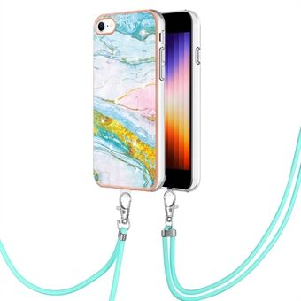 YB IMD Series-9 for iPhone SE (2022)/(2020)/8 /7  Electroplating Phone Case IMD Marble Pattern TPU Back Cover with Lanyard