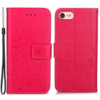 For iPhone 7 / iPhone 8 / iPhone SE 2020/2022, Wallet Stand Four-leaf Clover Pattern Imprinted Leather Case Phone Cover with Strap