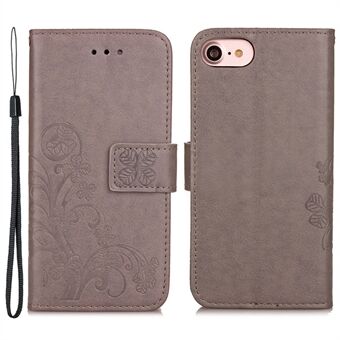 For iPhone 7 / iPhone 8 / iPhone SE 2020/2022, Wallet Stand Four-leaf Clover Pattern Imprinted Leather Case Phone Cover with Strap