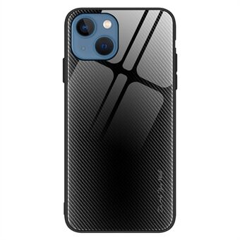 För iPhone 14  Carbon Fiber Texture Telefonfodral Baksida i härdat glas Mjuk TPU-ram Scratch skal