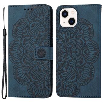 För iPhone 14  Mandala Flower Imprinted PU Läder Magnetic Flip Cover Stand Funktion Handrem Plånboksväska