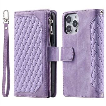 För iPhone 14  Stötsäkert telefonfodral Rhombus Grid Texture PU Läder Dragkedja Pocket Flip Wallet Stand Fodral