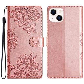 För iPhone 14 Fodral Sakura Butterfly Imprint Full Protection Läder Stativ Telefontäcke