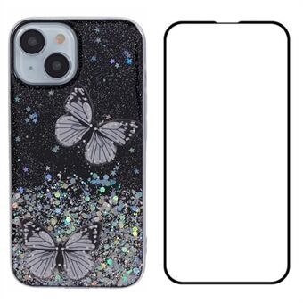 WANLONFENG AW-serien för iPhone 14-fodral med skärmskydd TPU telefonfodral 3D fjäril glitter