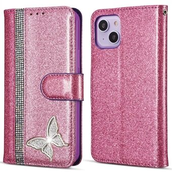 För iPhone 14 Glitter Läderfodral med Metall Diamant Fjärils Plånboksställ Fodral