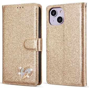 För iPhone 14 Glitter Läderfodral med Diamant Kärlekshjärta Plånboksstativ Flip Cover