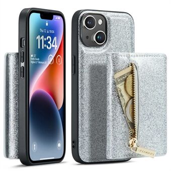 DG.MING M3-serien för iPhone 14 2-i-1 Löstagbart stötsäkert telefonfodral Glittrande plånbok med dragkedja Magnetisk bakre skal Stativ