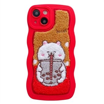 Milk Tea Animal Pattern Brodery Phone Case för iPhone 14, TPU + PC Wavy Edge Soft Fluffy Plysch Bakstycke