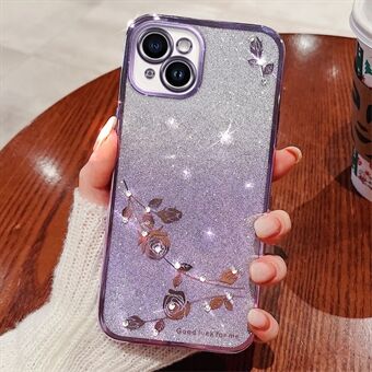 För iPhone 14 Gradient Glitter Powder Flexibelt TPU bakstycke Rhinestone Decor Flower Design Fallsäkert fodral