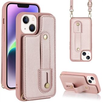 För iPhone 14 / 13 6,1 tum Armband Kickstand Bakstycke Korthållare PU-läderbelagd TPU-telefonfodral