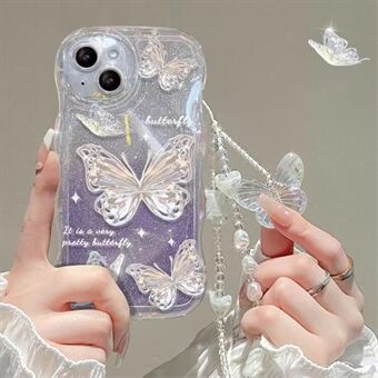 För iPhone 14 Gradient Glitter Wavy Edge Telefonfodral Butterfly Pattern TPU-skal med kedja