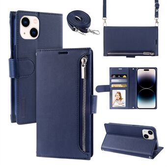 HANMAN Miki Series Zipper Pocket Telefonfodral för iPhone 14, PU-läder Stand med axelrem