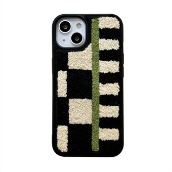 För iPhone 14 Plush Phone Case Checkerboard Stripe Embroidery TPU Cover