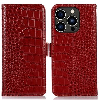 Crocodile Texture telefonfodral för iPhone 14 Pro , äkta kohudsläder magnetlås RFID-blockerande skal med Stand