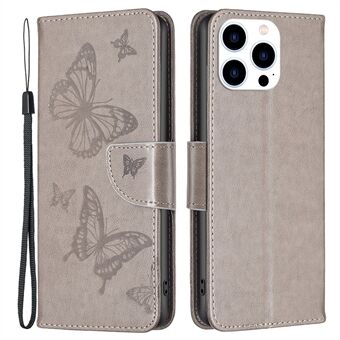 BF Imprinting Pattern Series-4 Skyddsfodral för iPhone 14 Pro  Butterflies Imprinted Stand Fodral Fullt skydd Plånboksstil Läderskal