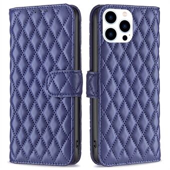 BINFEN-FÄRG För iPhone 14 Pro  BF Style-14 Matt PU-lädertryckt Rhombus Hellindat fodral Stand Plånboksfodral