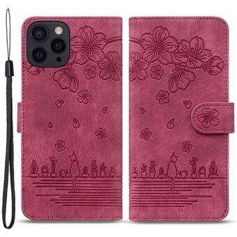 För iPhone 14 Pro  Cherry Blossom Cat Imprinted Stand Telefonfodral PU Läder Plånbok Folio Flip Cover med rem