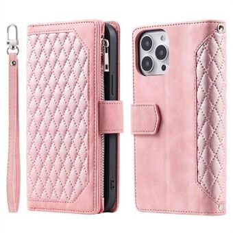 För iPhone 14 Pro s telefonfodral med blixtlåsficka Rhombus Grid Texture Anti Scratch PU Läder Flip Wallet Stand Fodral