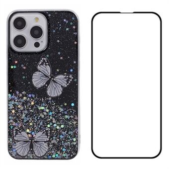 WANLONFENG AW Series för iPhone 14 Pro Fodral Bling Fjäril TPU 2-i-1 Telefonfodral med Skärmskydd