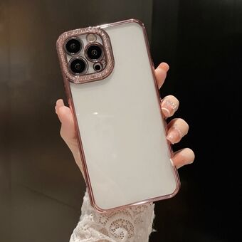 Rhinestone-dekorerat förkromat fodral för iPhone 14 Pro, transparent TPU-skal med exakt utskuren PET-linsskydd.