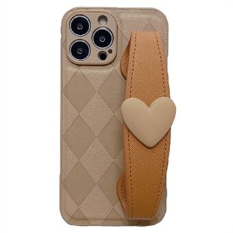 Mobiltelefonbaksida för iPhone 14 Pro, Rhombus PU-läderbelagd PC+TPU-telefonskal med Love Heart-armband