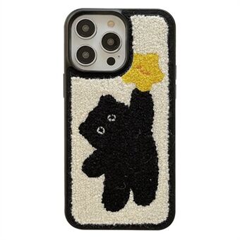 Broderi plysch Cartoon Cat TPU-fodral för iPhone 14 Pro Scratch telefonskyddande baksida