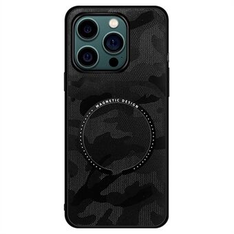 För iPhone 14 Plus Magnetisk trådlös laddning Skyddsfodral Läder + PC + TPU Camouflage Telefonfodral med inbyggd metallplåt