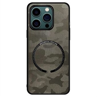 För iPhone 14 Plus Magnetisk trådlös laddning Skyddsfodral Läder + PC + TPU Camouflage Telefonfodral med inbyggd metallplåt