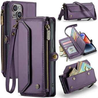 CASEME C36-serien för iPhone 14 Plus Crossbody-fodral med blixtlås i läder för mobiltelefon.