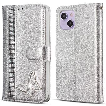 För iPhone 14 Plus Glitter Läderfodral med Metall Diamant Smörig Plånbok Stativskydd