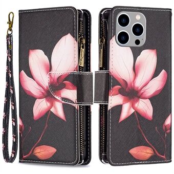 BF Pattern Printing Leather Series-4 Zipper Pocket Case för iPhone 14 Pro Max , 03 Style Vikbart Stand PU-läderplånbok Magnetstängning Telefonskydd