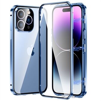 För iPhone 14 Pro Max telefonfodral Fullt skydd Stötsäkert fodral i metall + magnetiskt telefonfodral i härdat glas med självlåsande spänne