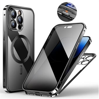 För iPhone 14 Pro Max Fodral Härdat Glas+PC Anti-Spion Magnetisk Telefontäckning Genomskinlig Baksida