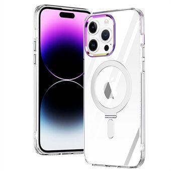 För iPhone 14 Pro Max Elektropleringsdesign PC+TPU Stötsäkert telefonfodral Kickställ Upphöjd kameraram Klart magnetiskt telefonfodral