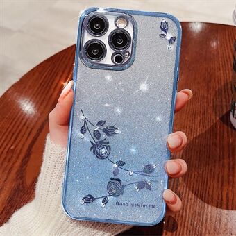 För iPhone 14 Pro Max Gradient Glitter Powder Mjuk TPU Stötsäker skal Rhinestone Dekor Blommönster Anti-dropp fodral