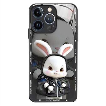 Bakskal till iPhone 14 Pro Max Cartoon Rabbit med ryggsäck härdat glas+TPU telefonskyddsfodral