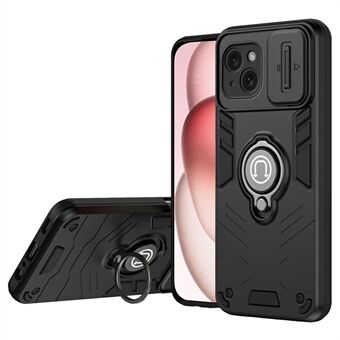 För iPhone 15-skal Ring Kickstand PC+TPU-telefonfodral med skjutbar linslock